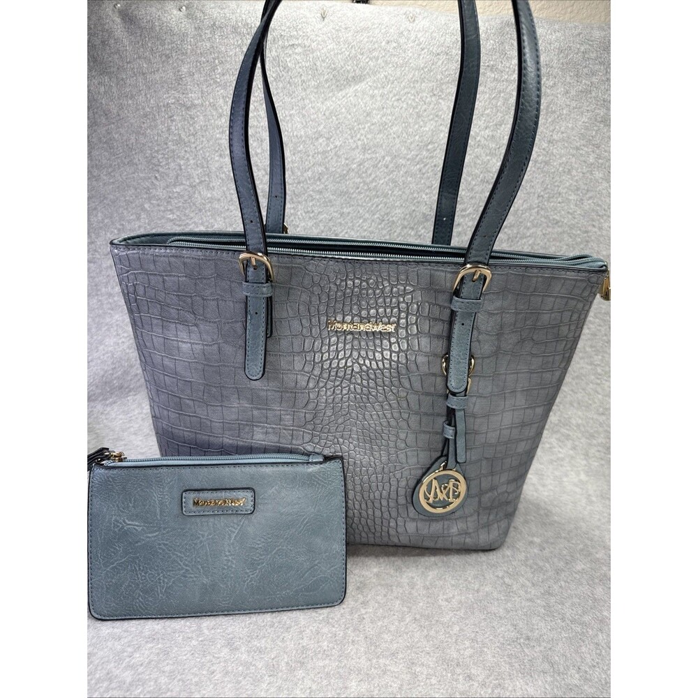 Montana West Tote Bag Women Lg Blue Gray Excellent Croc Embossed Vegan Leather